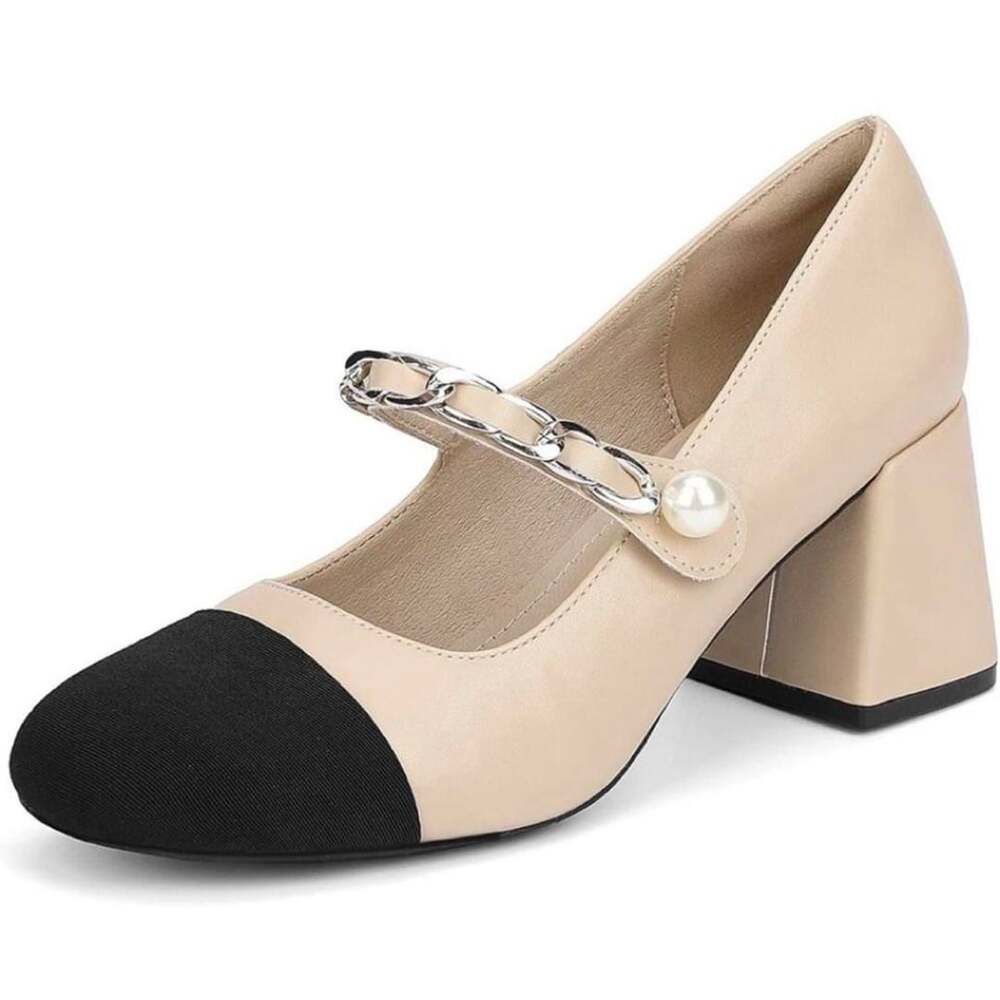 GOTOGO Mary Jane Pumps Size 9.5 Nude Black Chain Pearl